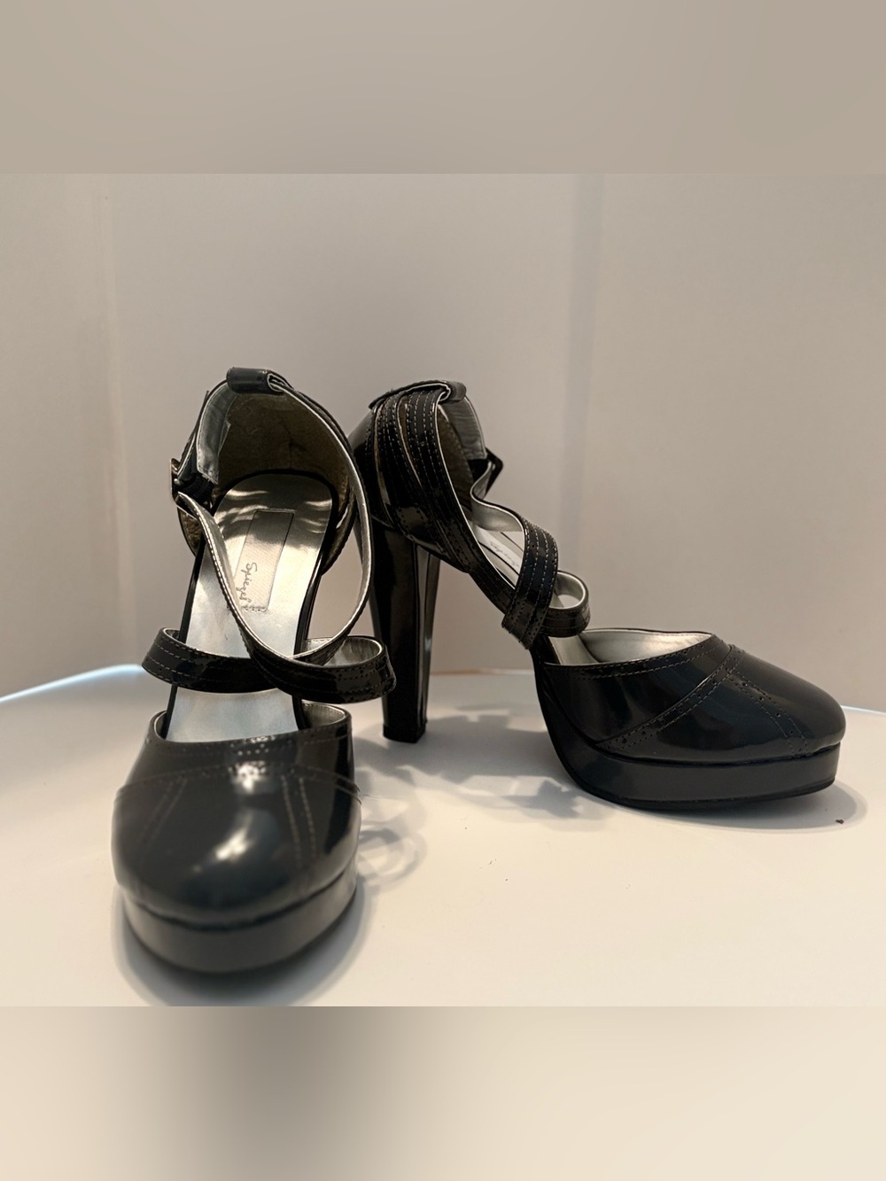 Spiegel Black Patent Leather Cross-Strap Platform Heels